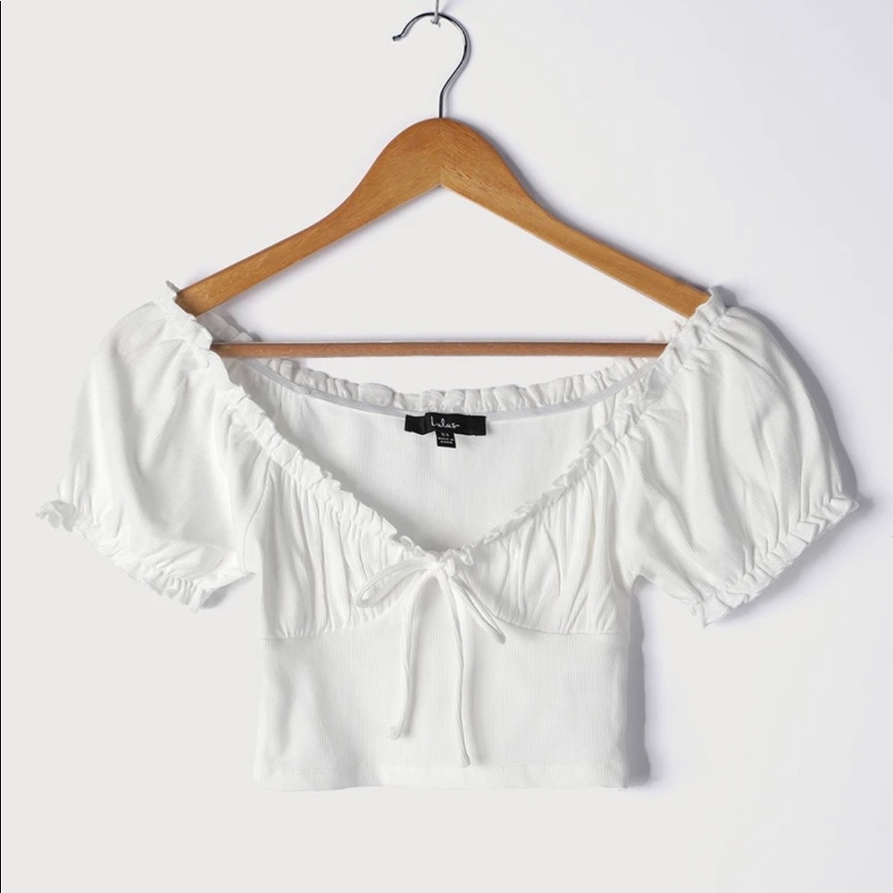 LULUS SWEETEN YOUR DAY WHITE PUFF SLEEVE RUFFLED CROP TOP